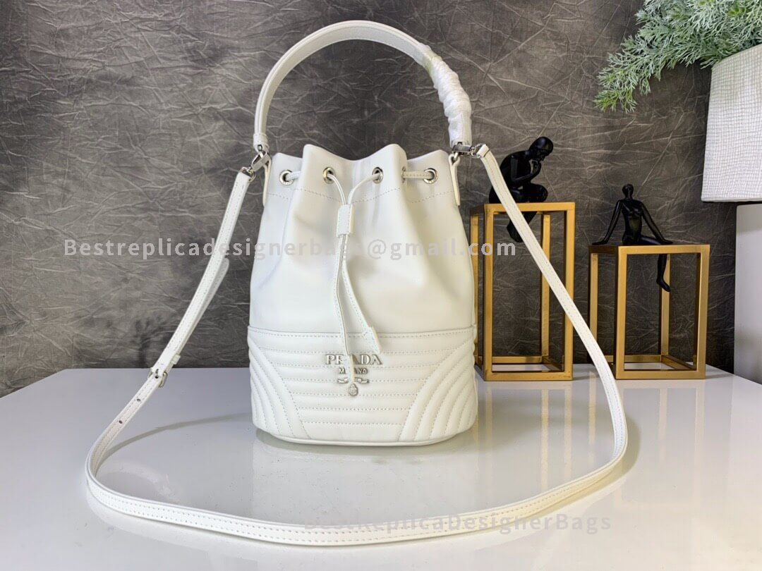 Prada White Large Leather Bucket Bag SHW